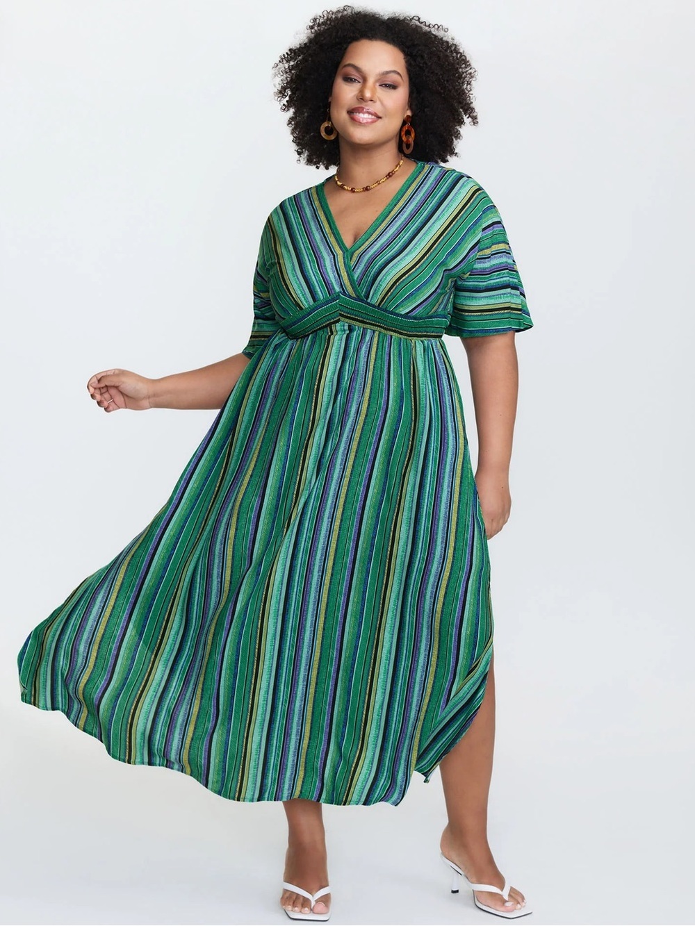 BloomChic Striped Contrast Dolman Sleeve Shirred Pocket Split Flutter Dress